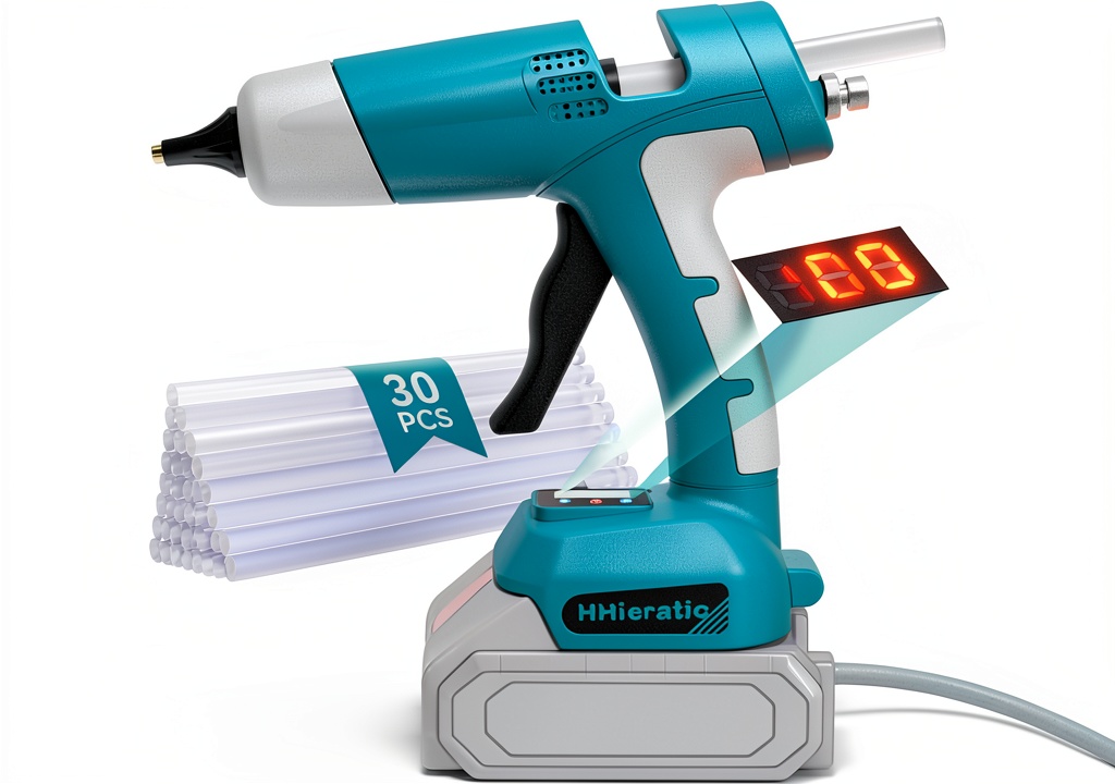 HHieratic cordless hot glue gun being used on a wooden project
