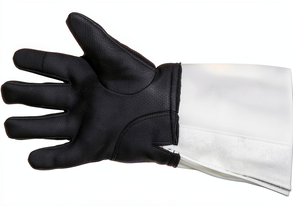 Fencer wearing right‑hand leather glove during a bout