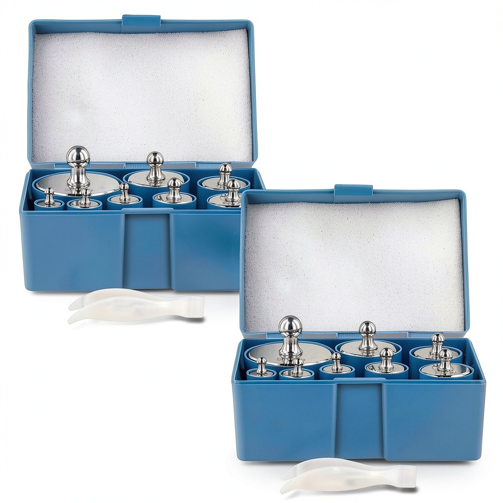Installing 16PCS 2000g Calibration Weight, M2 High Precision Scale Calibration Weight Kit Set 10g, 20g, 50g, 100g, 200g, 500g, Chrome Finish Calibration Weight with Storage Case and Tweezers on a wooden desk